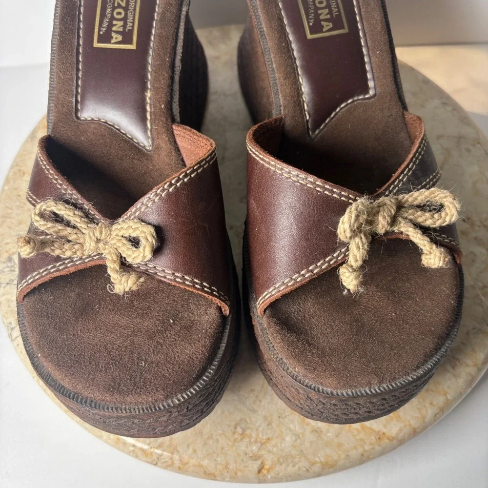 VTG Arizona Jean Co Platform Wedge Sandals 9M Brown Leather Rope Bow Y2K Bratz